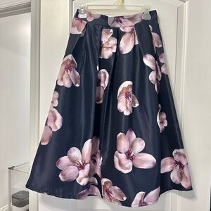 Floral Pleated A-Line Midi Skirt Navy Pink Size L